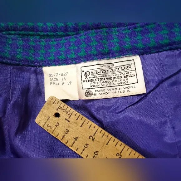 Miss Pendleton 100% Wool Lined Midi Pencil Skirt Green/Purple Houndstooth S