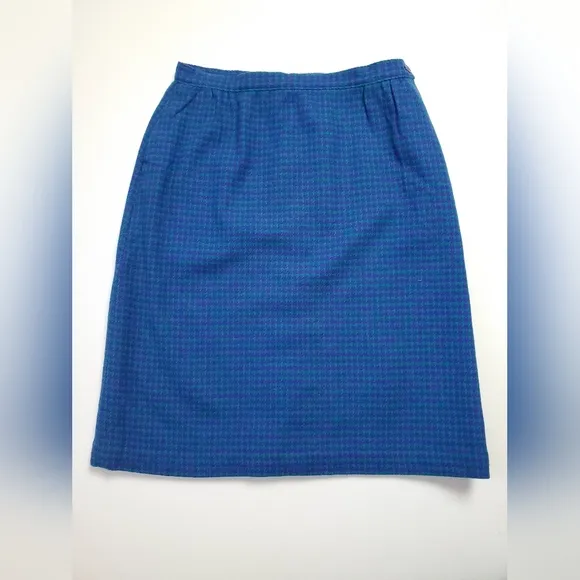 Miss Pendleton 100% Wool Lined Midi Pencil Skirt Green/Purple Houndstooth S