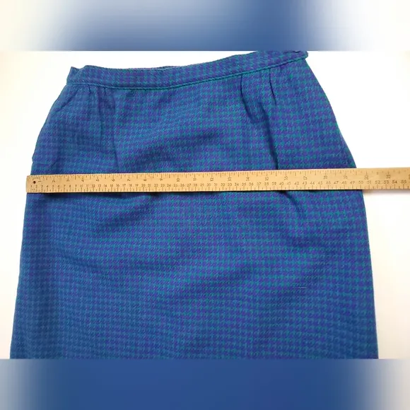 Miss Pendleton 100% Wool Lined Midi Pencil Skirt Green/Purple Houndstooth S