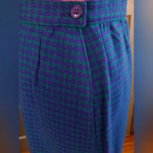 Miss Pendleton 100% Wool Lined Midi Pencil Skirt Green/Purple Houndstooth S