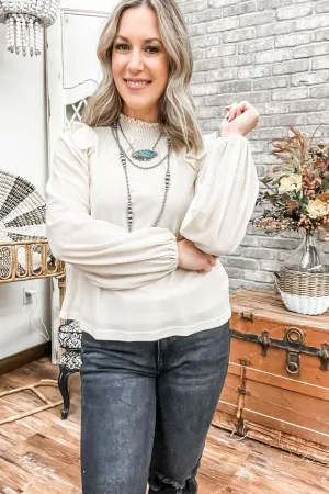 Mock Neck Blouse with Sheer Sleeve