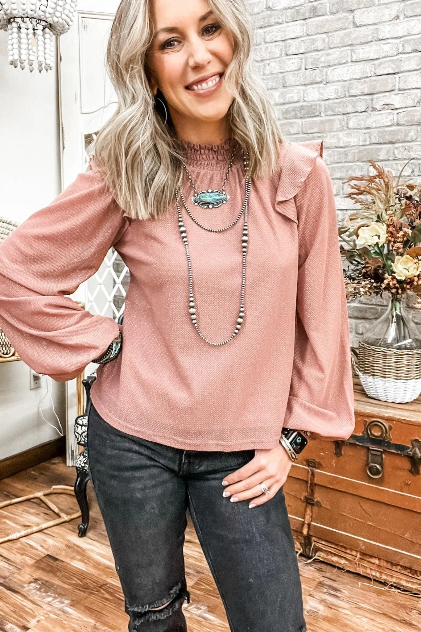 Mock Neck Blouse with Sheer Sleeve