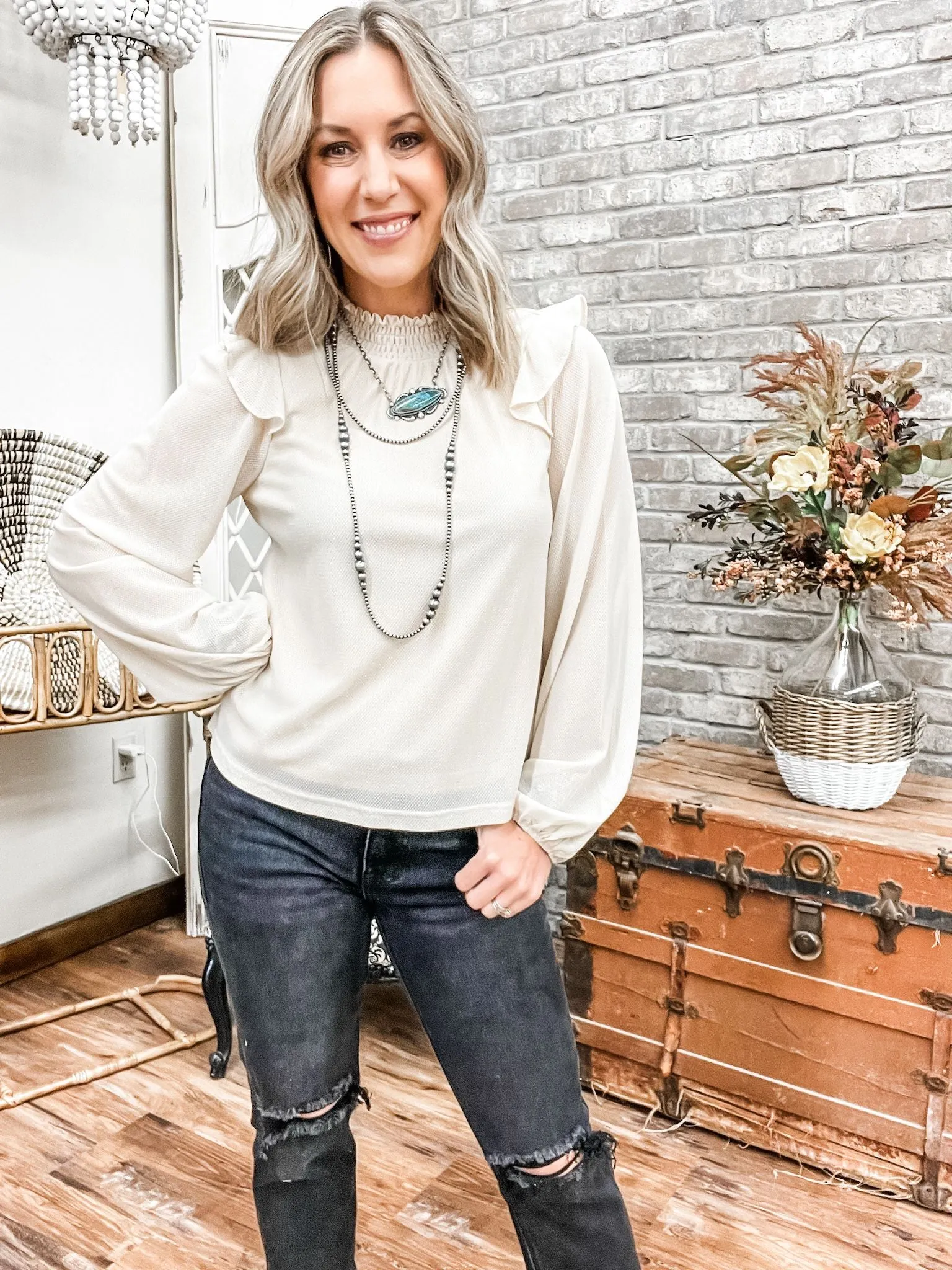 Mock Neck Blouse with Sheer Sleeve