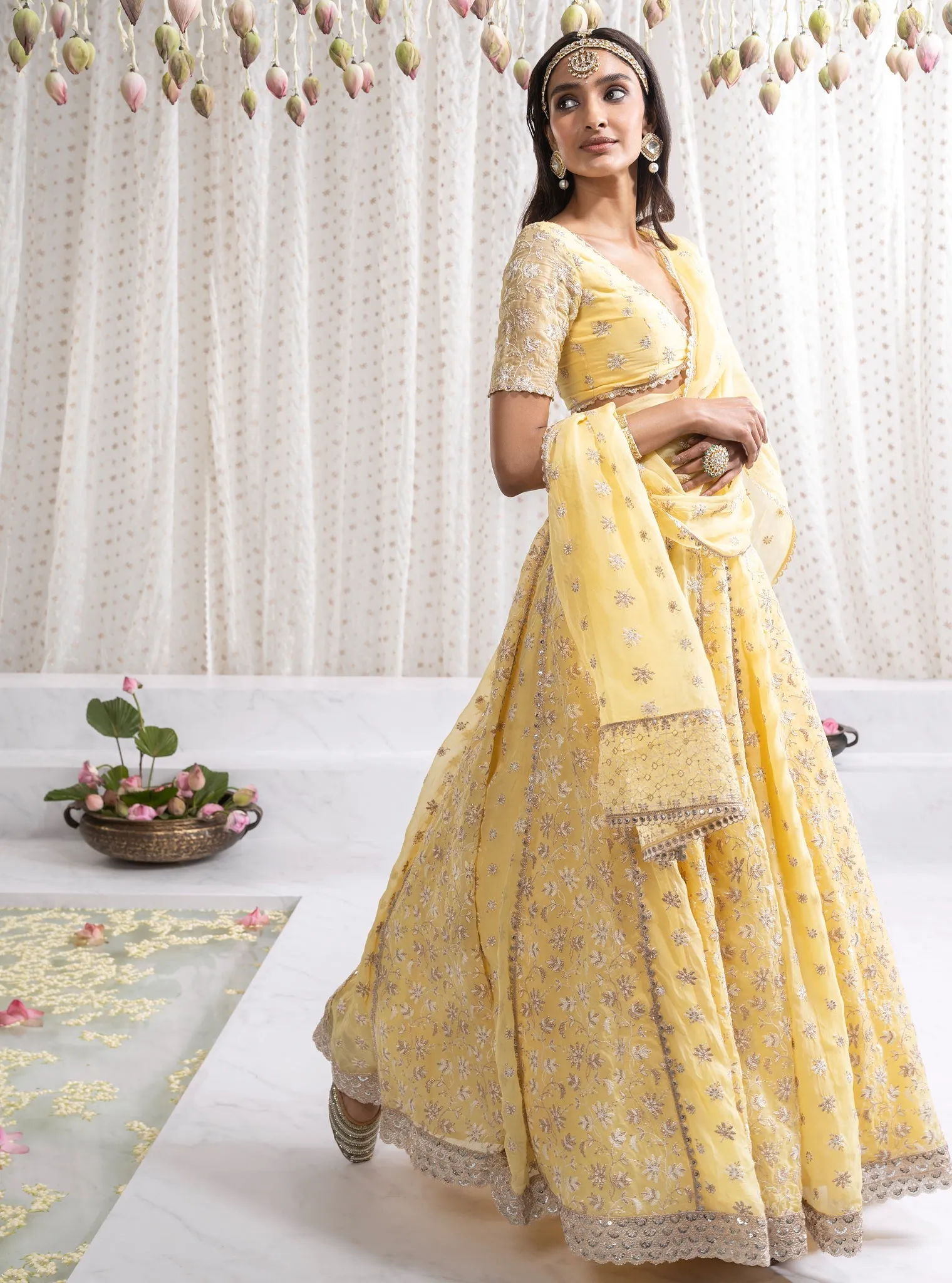 Mulmul Organza Madhvi Yellow Lehenga