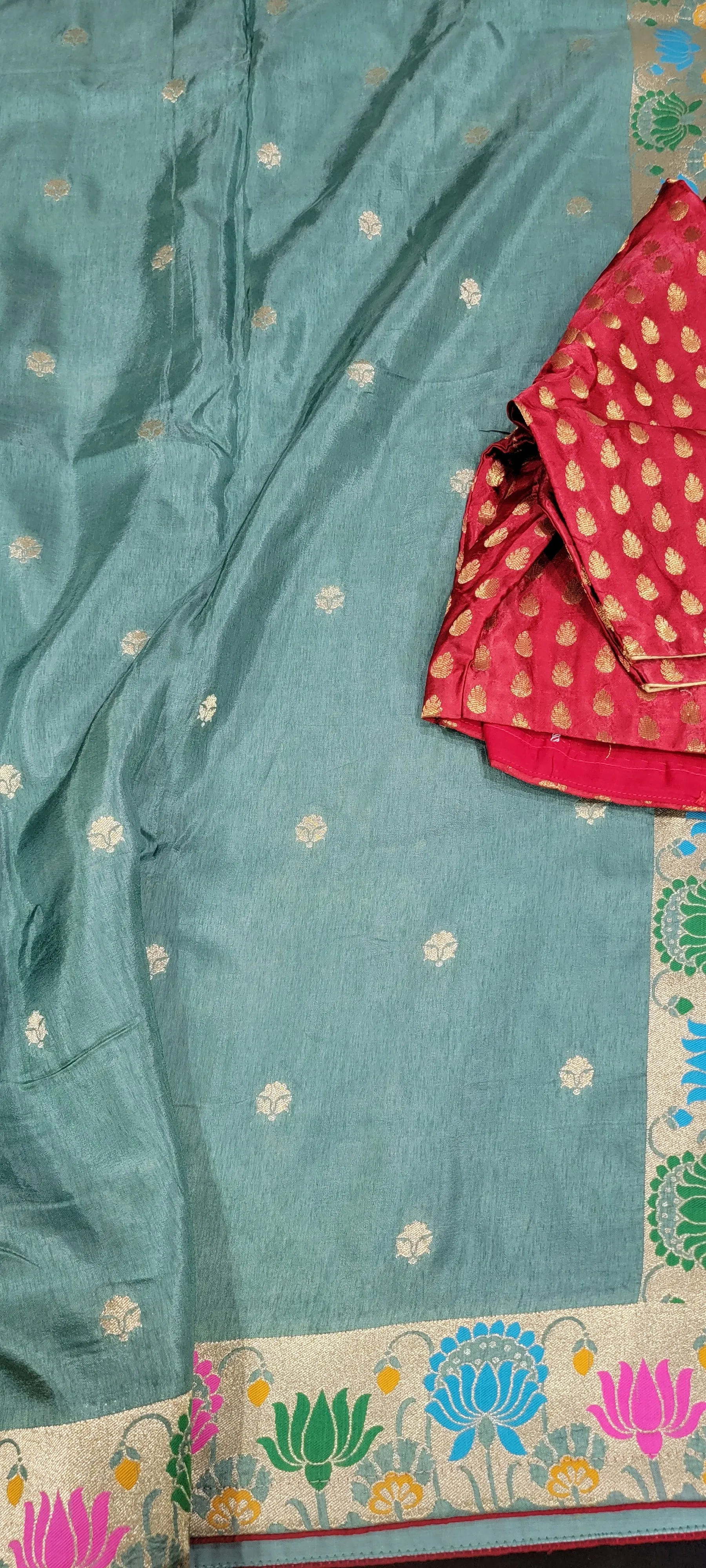 Munga Silk Saree in Bluish Green with Red Blouse