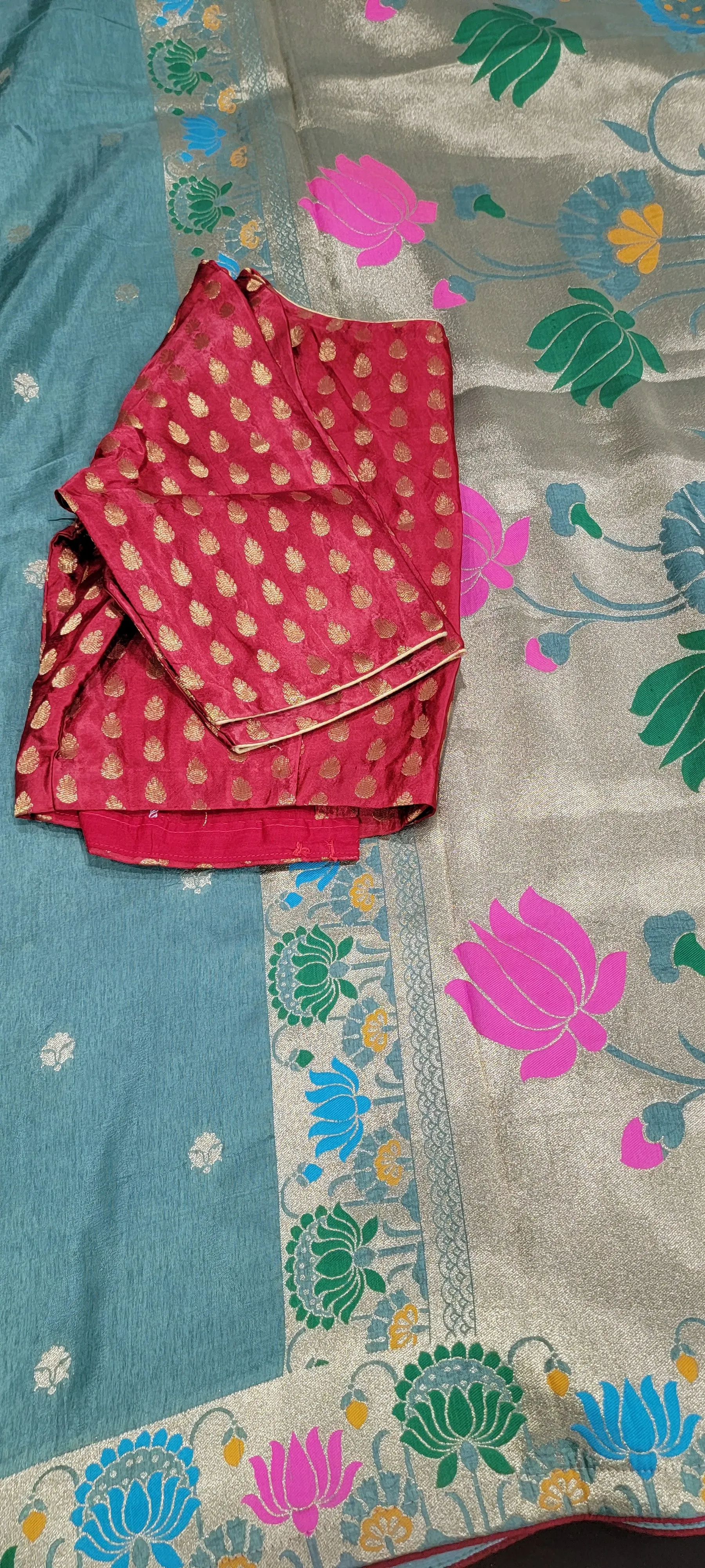 Munga Silk Saree in Bluish Green with Red Blouse
