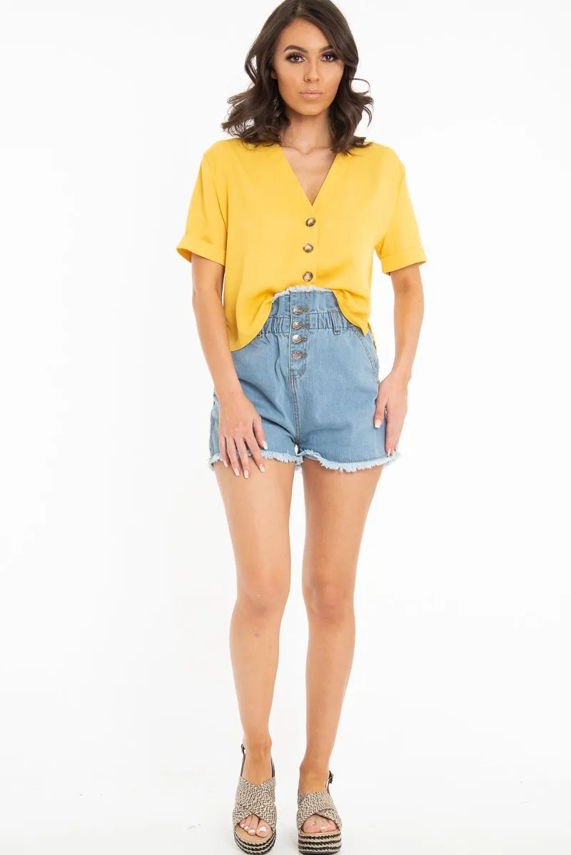 Mustard Plunge Button Up Crop Blouse - Merina