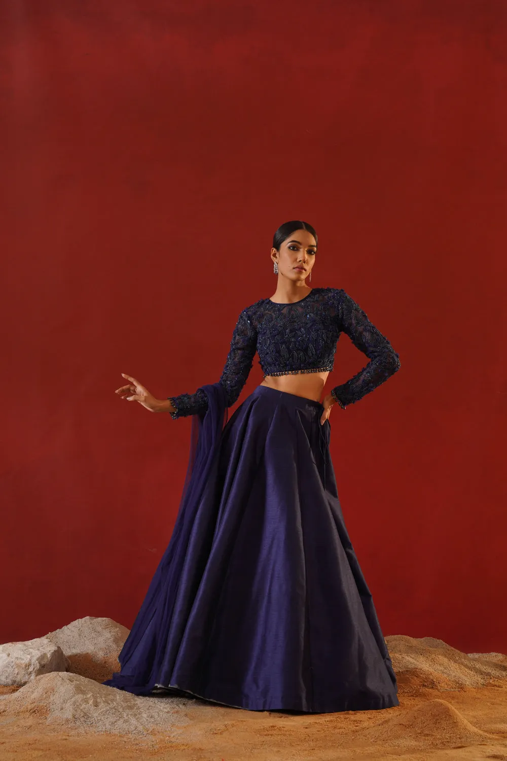 Navy Blue Dupion Silk Lehenga Choli Set