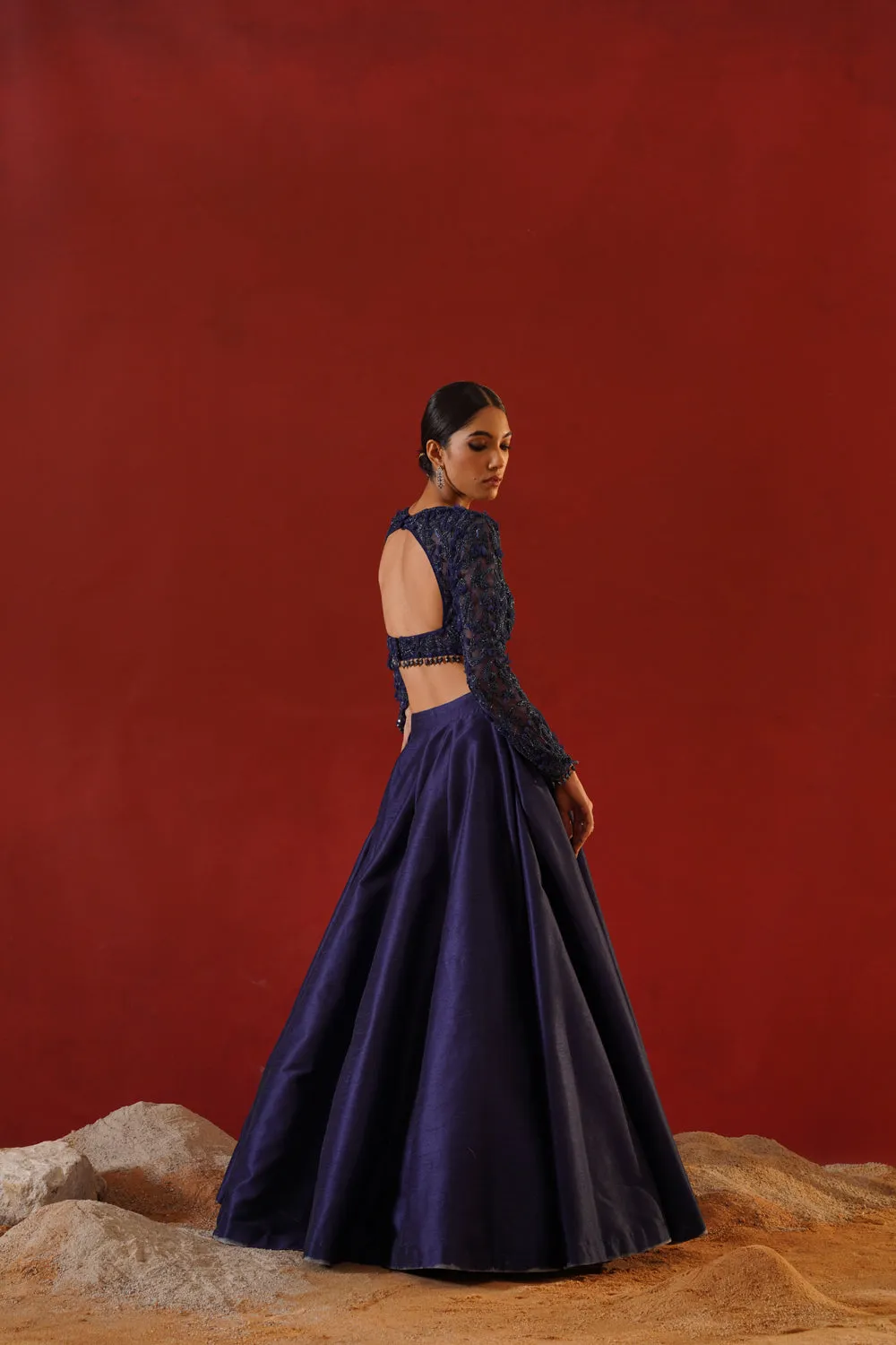 Navy Blue Dupion Silk Lehenga Choli Set