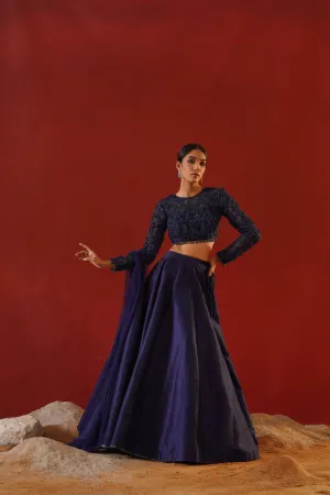 Navy Blue Dupion Silk Lehenga Choli Set