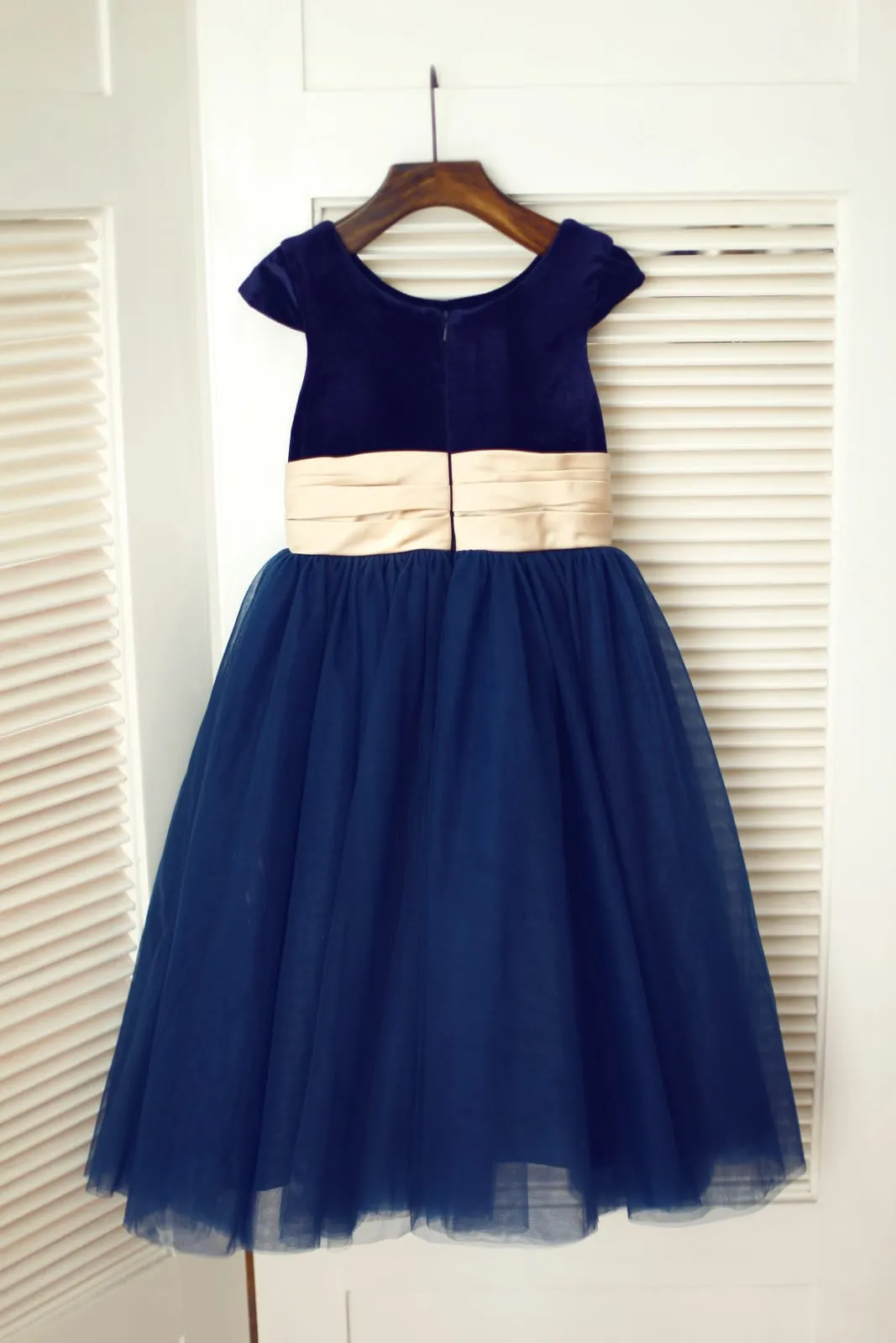 Navy Blue Velvet Tulle Cap Sleeve Wedding Flower Girl Dress