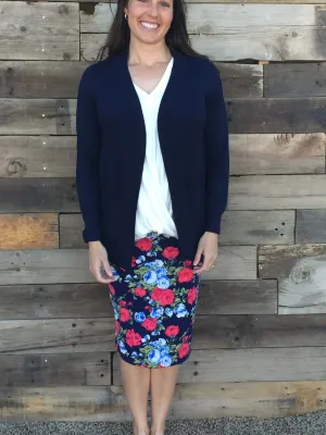 Navy Floral Pencil Skirt