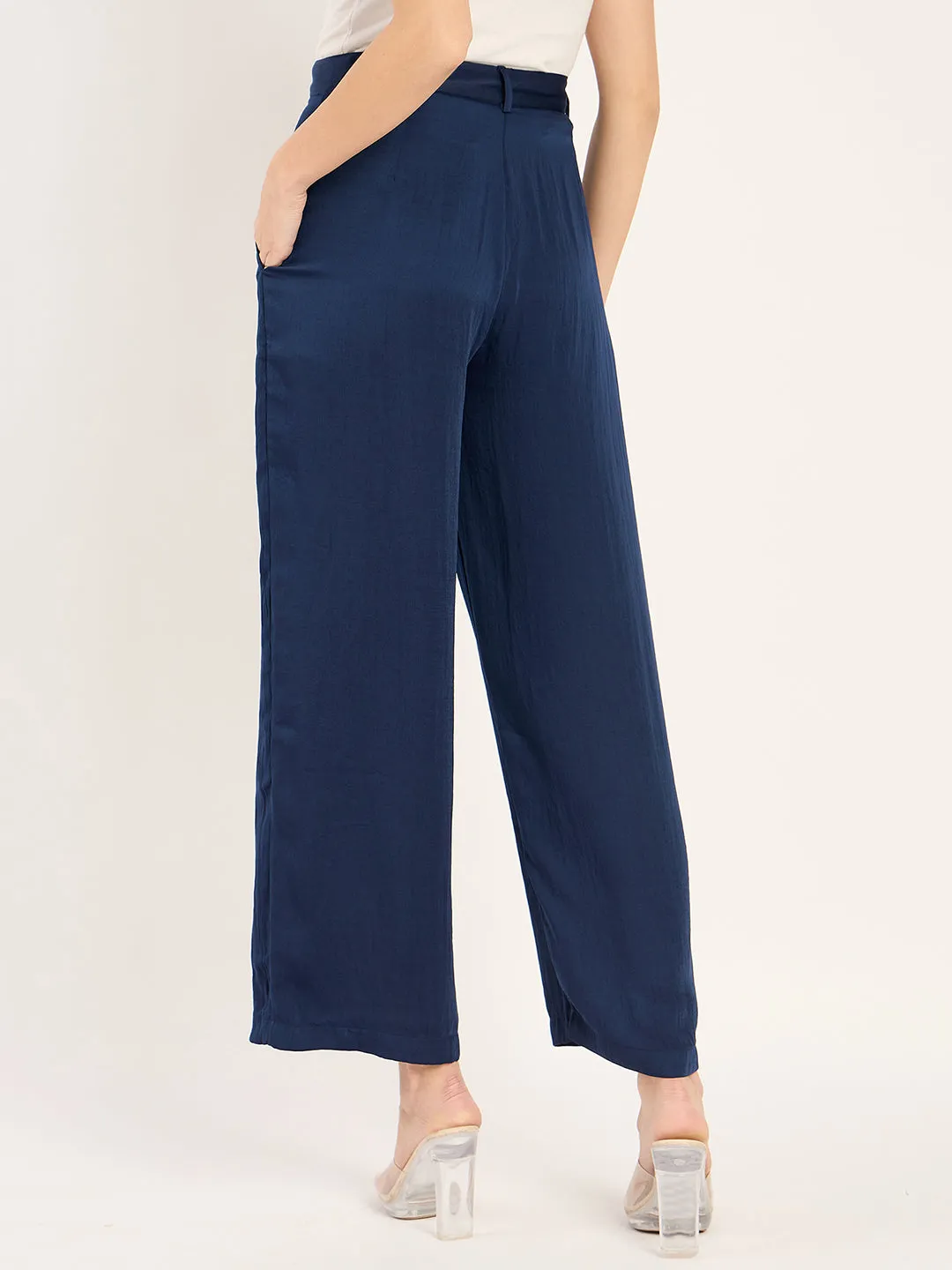 Navy Satin Straight Pant