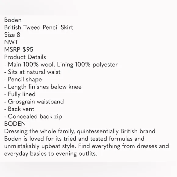 NEW! Boden British Tweed Pencil Skirt 8