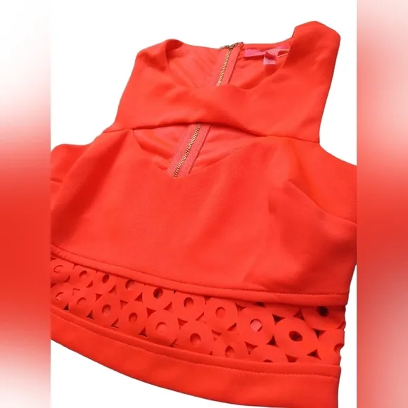 New! Laser Cut Out Neon Orange Coral Scuba Sleeveless Crop Pencil Skirt Set M