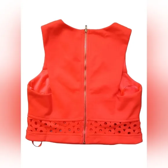 New! Laser Cut Out Neon Orange Coral Scuba Sleeveless Crop Pencil Skirt Set M