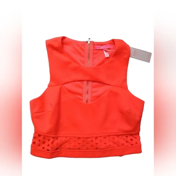 New! Laser Cut Out Neon Orange Coral Scuba Sleeveless Crop Pencil Skirt Set M