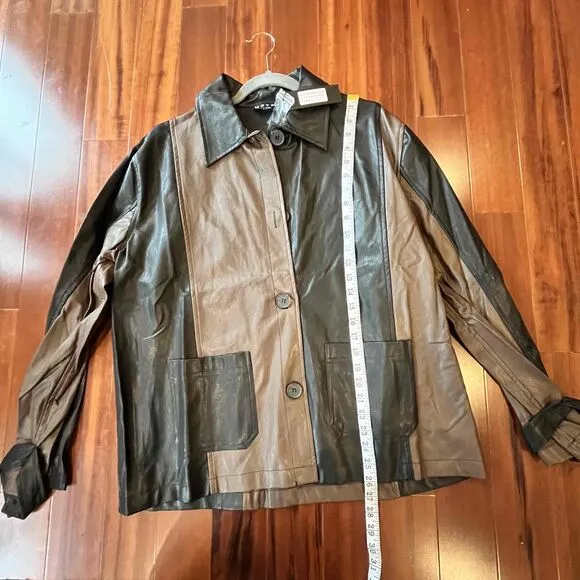 New NWT Motel Faux Leather Jacket Blazer Oversize Shirt TwoTone Brown Black Sz M