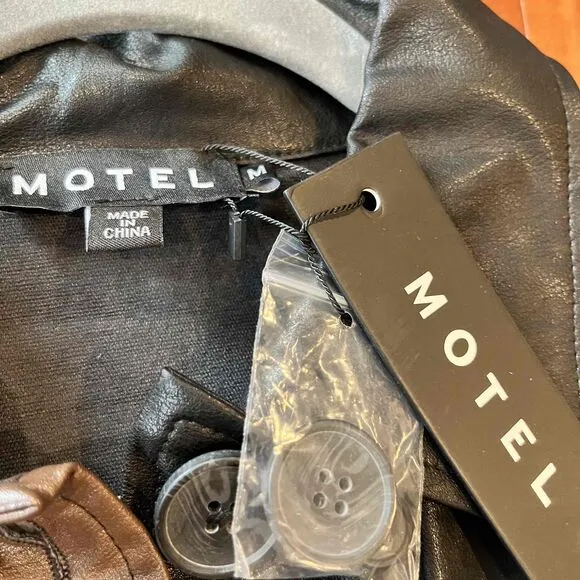 New NWT Motel Faux Leather Jacket Blazer Oversize Shirt TwoTone Brown Black Sz M