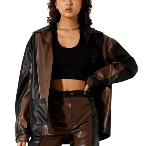 New NWT Motel Faux Leather Jacket Blazer Oversize Shirt TwoTone Brown Black Sz M