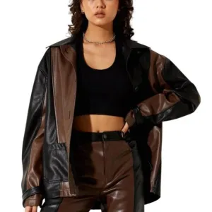 New NWT Motel Faux Leather Jacket Blazer Oversize Shirt TwoTone Brown Black Sz M