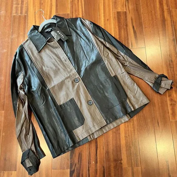 New NWT Motel Faux Leather Jacket Blazer Oversize Shirt TwoTone Brown Black Sz M