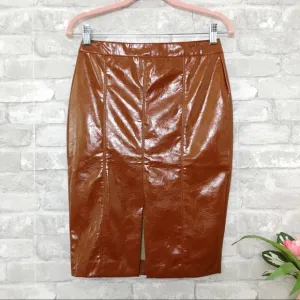 NWOT BISHOP   YOUNG Brown Vegan Faux Leather Pencil Skirt Size Small