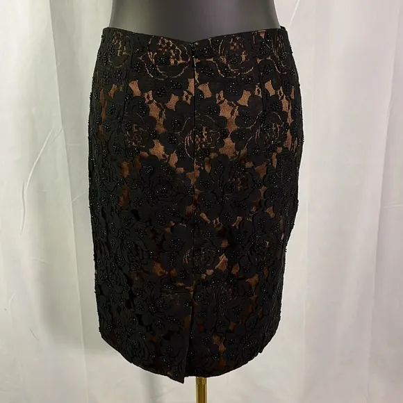 NWOT Talbots Black &amp; Bronze Beaded Floral Lace Pencil Skirt