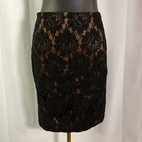NWOT Talbots Black &amp; Bronze Beaded Floral Lace Pencil Skirt