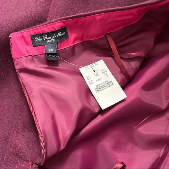 NWT Burgundy J.Crew The Pencil Skirt In Double-Serge Wool, Size 18