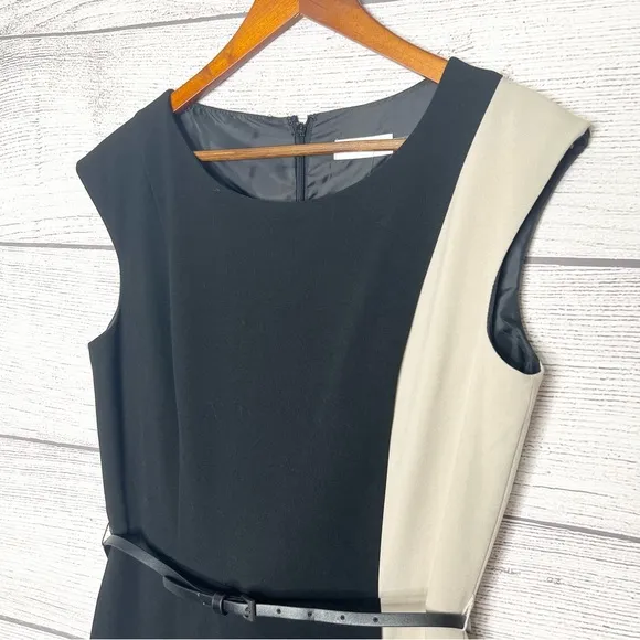 NWT Calvin Klein Black &amp; Cream Color Block Belted Sheath Dress Size 8
