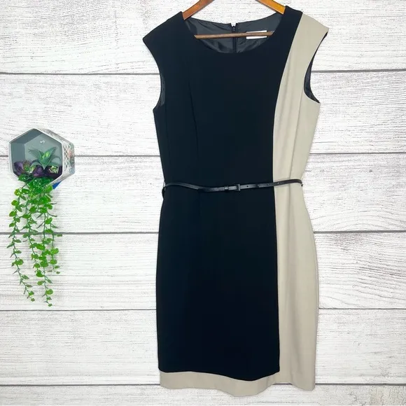 NWT Calvin Klein Black &amp; Cream Color Block Belted Sheath Dress Size 8