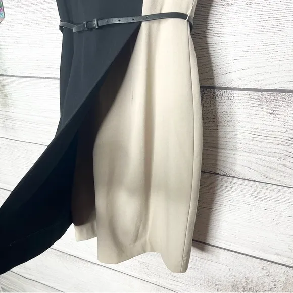 NWT Calvin Klein Black &amp; Cream Color Block Belted Sheath Dress Size 8