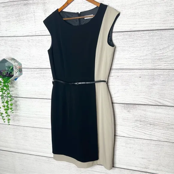 NWT Calvin Klein Black &amp; Cream Color Block Belted Sheath Dress Size 8