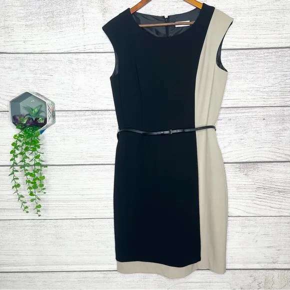 NWT Calvin Klein Black &amp; Cream Color Block Belted Sheath Dress Size 8