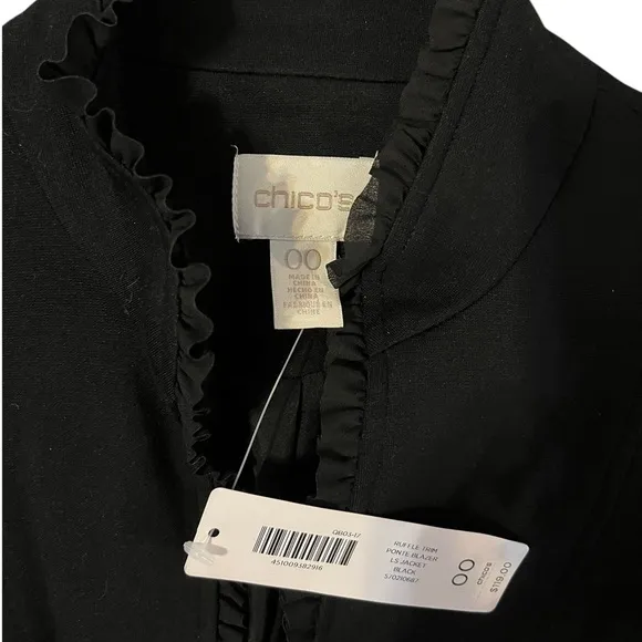 NWT Chicos Ruffle Trim Ponte Blazer Black Jacket Womens Size 00 / XS