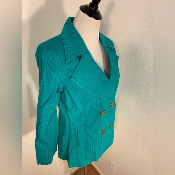 NWT DIane Gilman DG2 Green Pin Stripe Denim Jean Blazer Jacket - Size Small