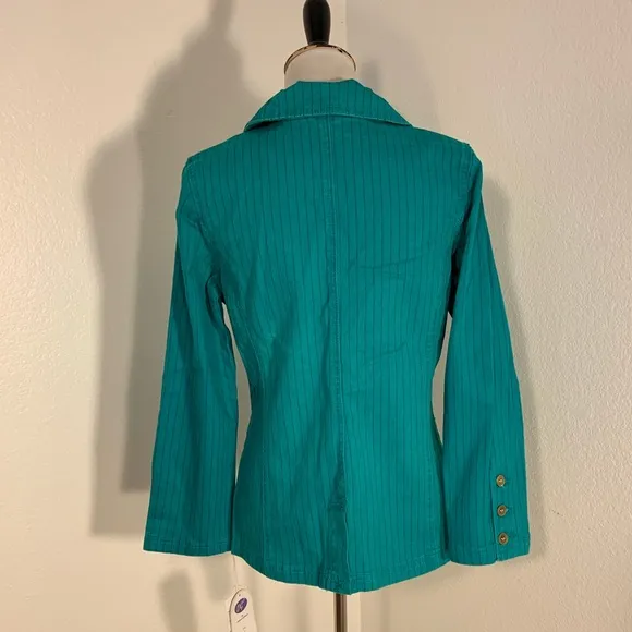 NWT DIane Gilman DG2 Green Pin Stripe Denim Jean Blazer Jacket - Size Small