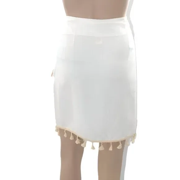 NWT Ivory White Khaki Tan Tassel Neutral Bandage Wrap Pencil Dress Skirt L 10