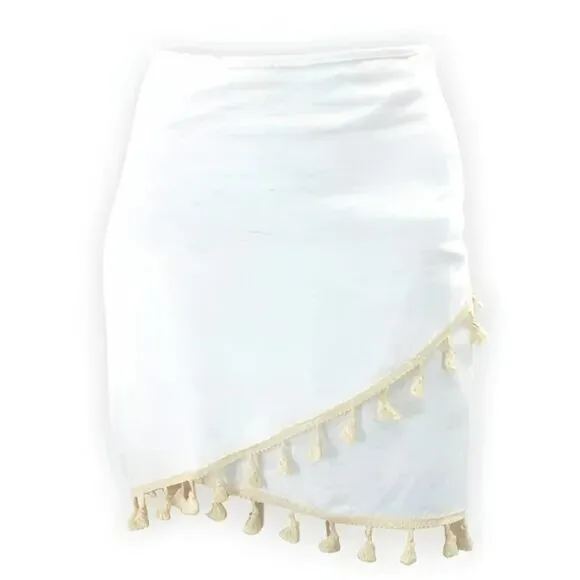 NWT Ivory White Khaki Tan Tassel Neutral Bandage Wrap Pencil Dress Skirt L 10