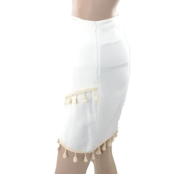 NWT Ivory White Khaki Tan Tassel Neutral Bandage Wrap Pencil Dress Skirt L 10
