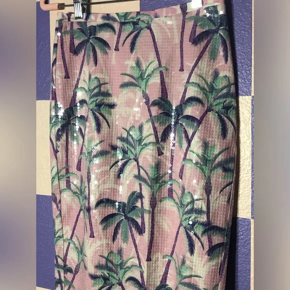 NWT Le Superbe Pastel Palms Shine Sequin Pencil Skirt in Pink and Blue