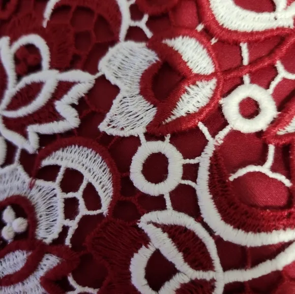 NWT Talbots Size 6 Pencil Skirt Red &amp; White Crochet Floral Overlay Red Lined