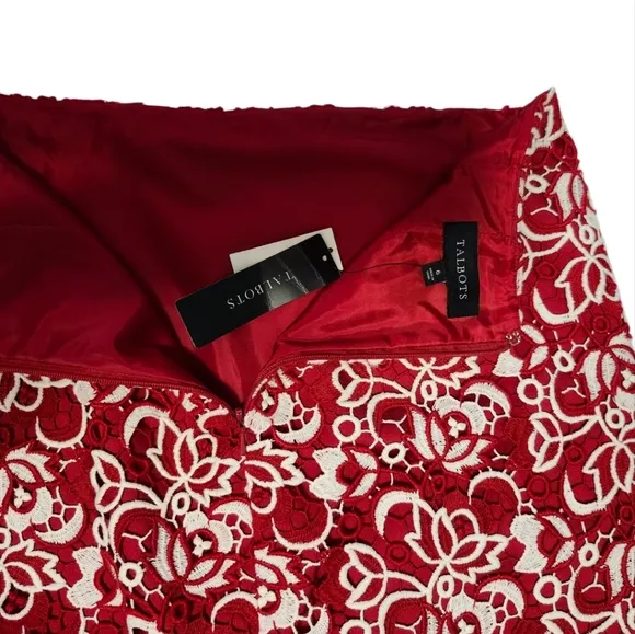 NWT Talbots Size 6 Pencil Skirt Red &amp; White Crochet Floral Overlay Red Lined
