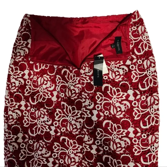 NWT Talbots Size 6 Pencil Skirt Red &amp; White Crochet Floral Overlay Red Lined