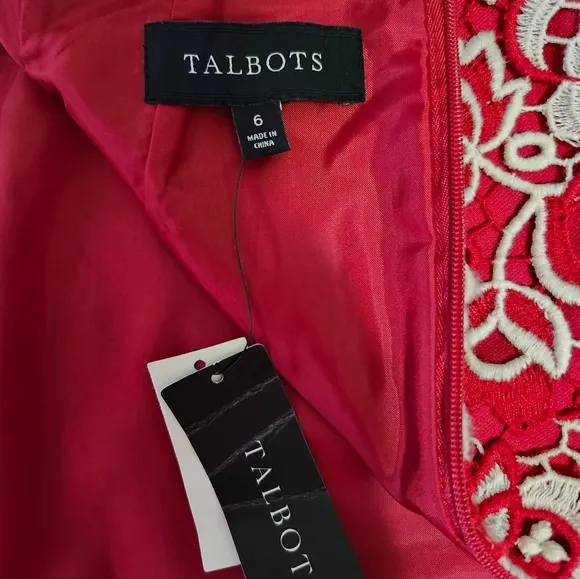 NWT Talbots Size 6 Pencil Skirt Red &amp; White Crochet Floral Overlay Red Lined