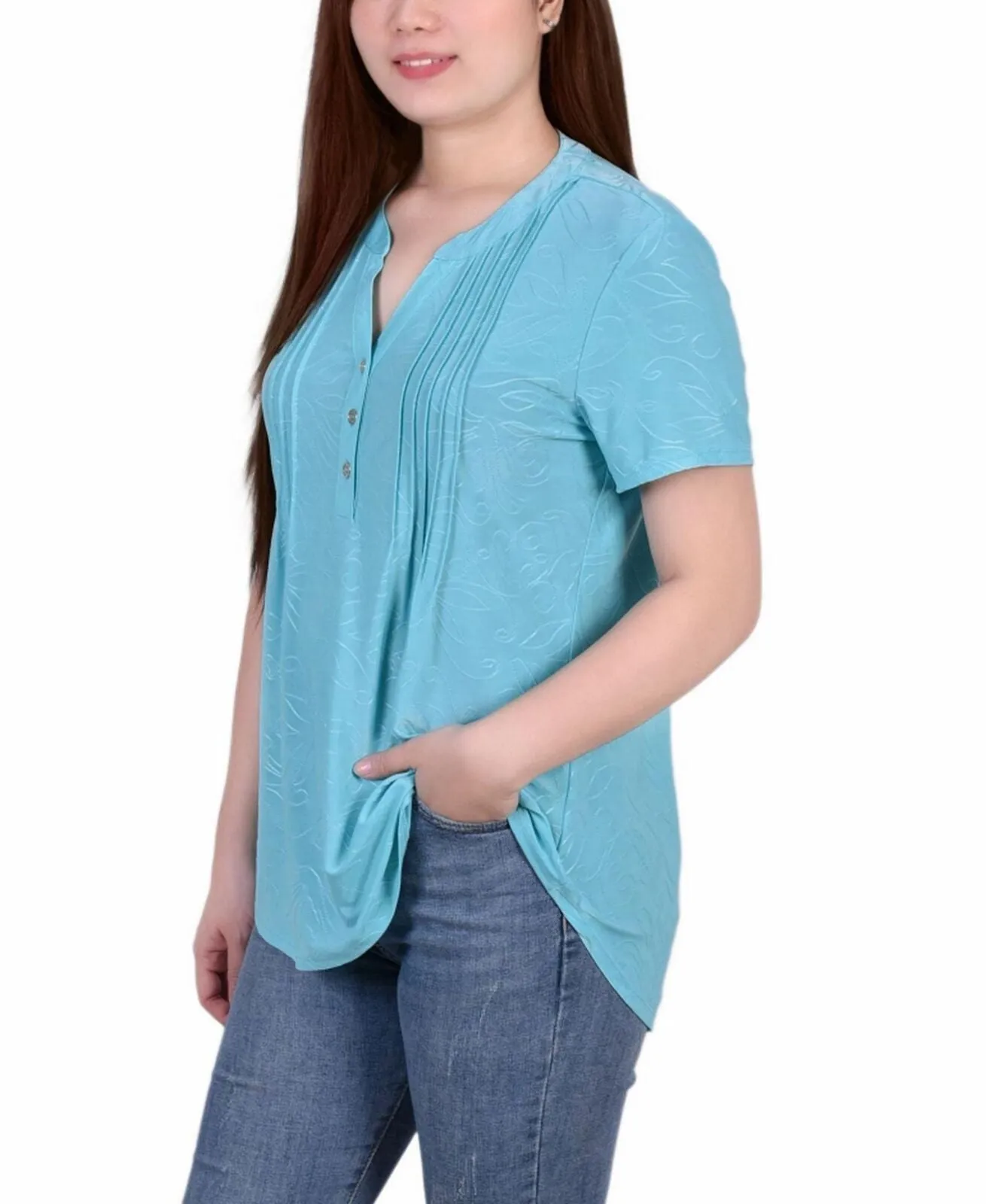 Ny Collection Womens Petite Pintuck Short Sleeve Top PNKU2190
