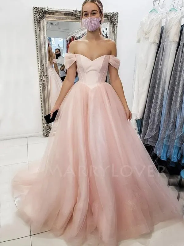 Off Shoulder A-Line Pink Long Evening Prom Dresses, Cheap Prom Dresses, MR7102