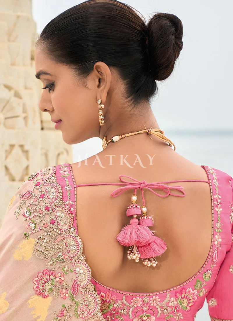 Off White And Pink Multi Embroidery Saree