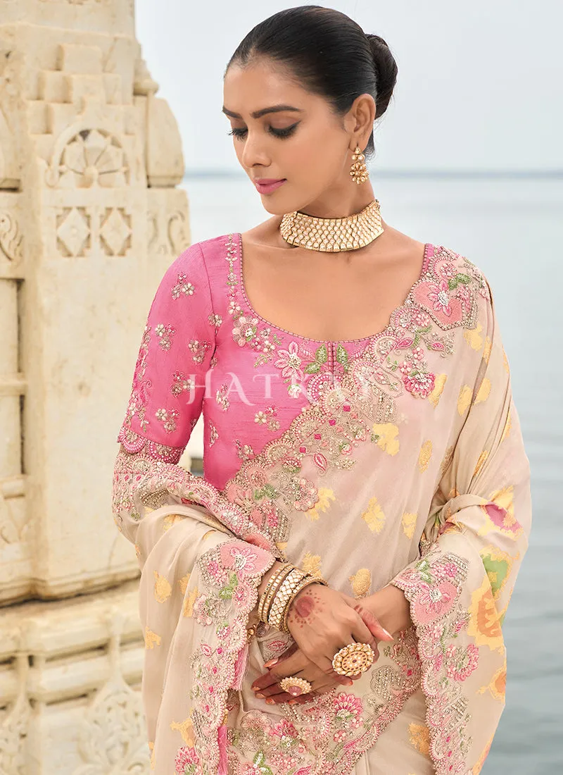 Off White And Pink Multi Embroidery Saree